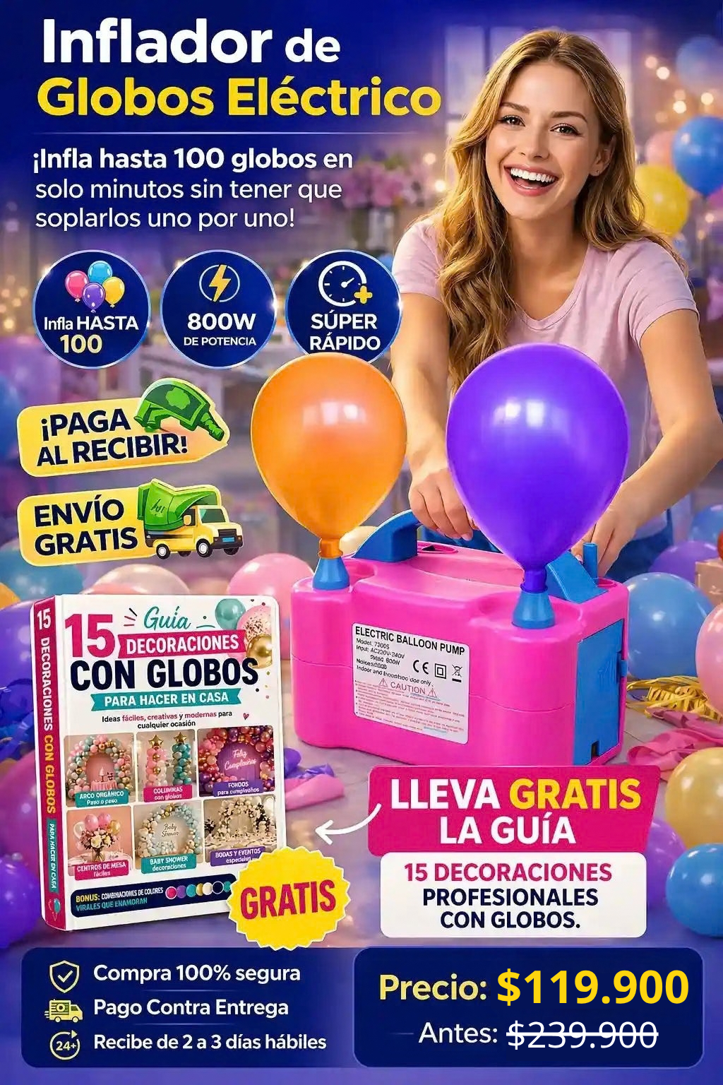 Inflador de Globos Eléctrico - Infla hasta 100 globos en sólo minutos