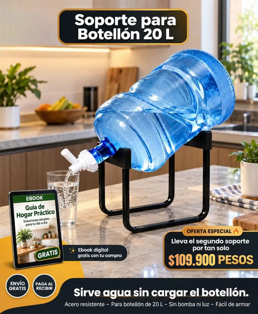 Soporte para botellón de 20 L · Sirve agua sin cargarlo