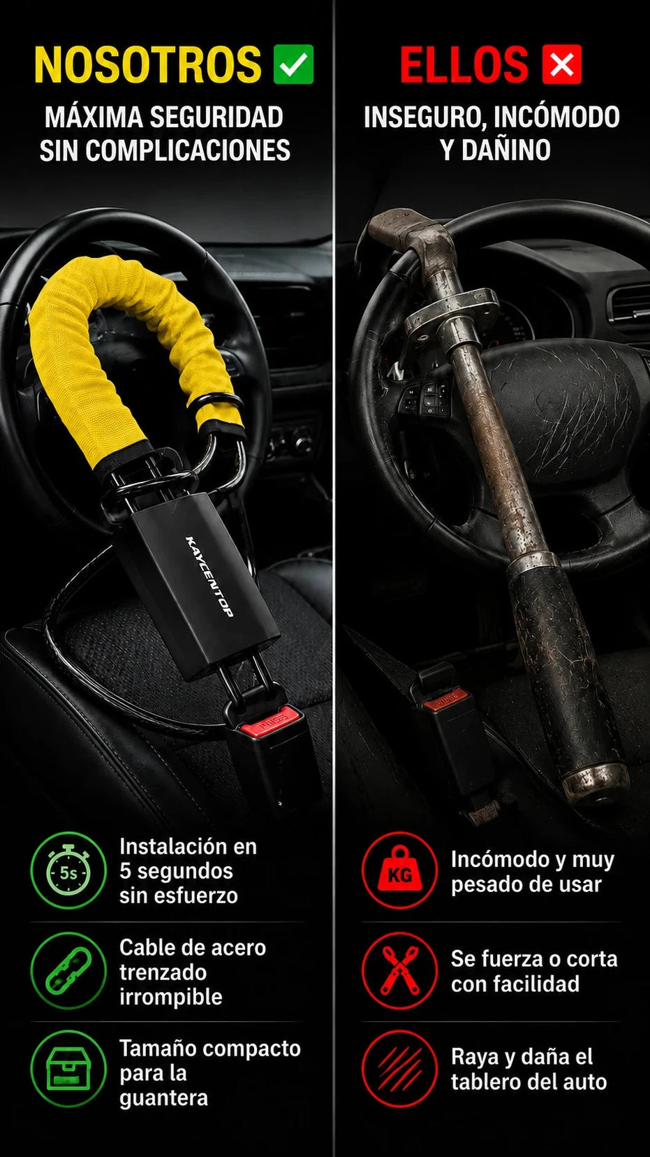 Bloqueador Antirrobo de Volante con Anclaje al Cinturón - Seguridad total - Imagen 4